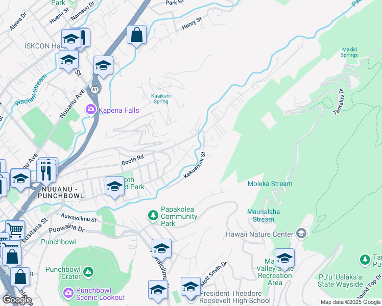 map of restaurants, bars, coffee shops, grocery stores, and more near 2627 Pauoa Road in Honolulu