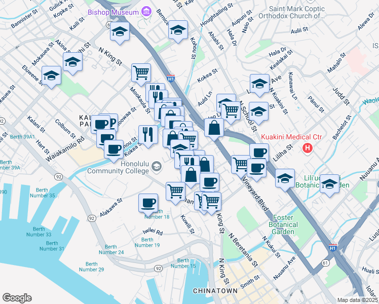 map of restaurants, bars, coffee shops, grocery stores, and more near 815 Kanoa Street in Honolulu