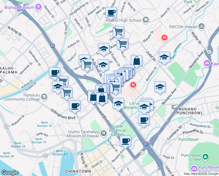 map of restaurants, bars, coffee shops, grocery stores, and more near 526 North School Street in Honolulu