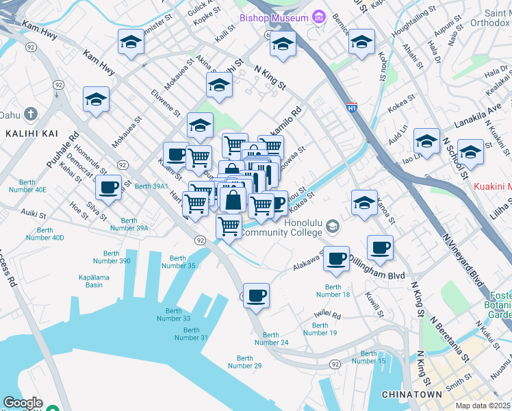 map of restaurants, bars, coffee shops, grocery stores, and more near 1199 Dillingham Boulevard in Honolulu