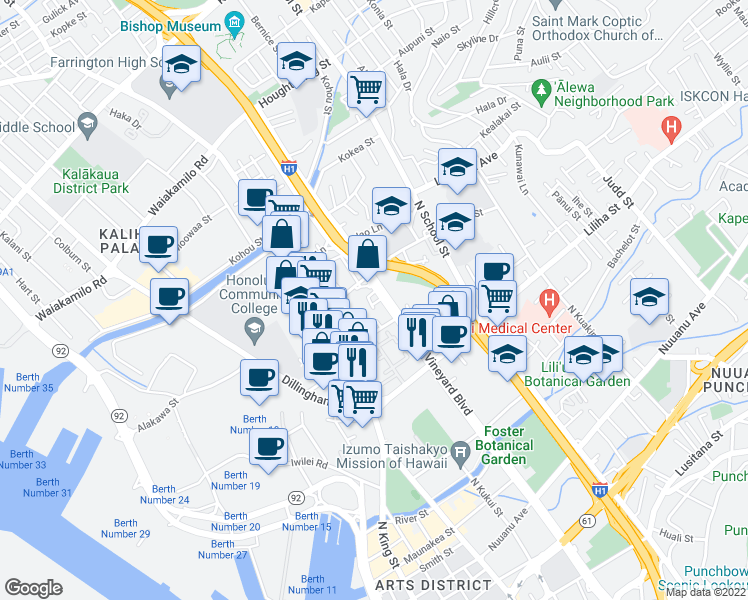 map of restaurants, bars, coffee shops, grocery stores, and more near 803 North Vineyard Boulevard in Honolulu