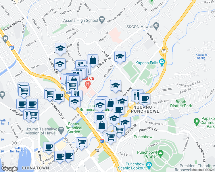 map of restaurants, bars, coffee shops, grocery stores, and more near 1906 Keonaona Street in Honolulu