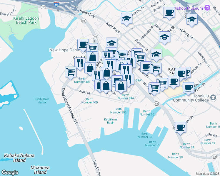map of restaurants, bars, coffee shops, grocery stores, and more near 1744 Hoe Street in Honolulu