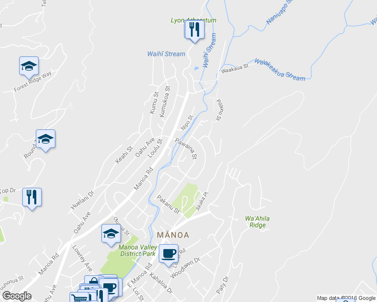 map of restaurants, bars, coffee shops, grocery stores, and more near 3419 Pawaina Street in Honolulu