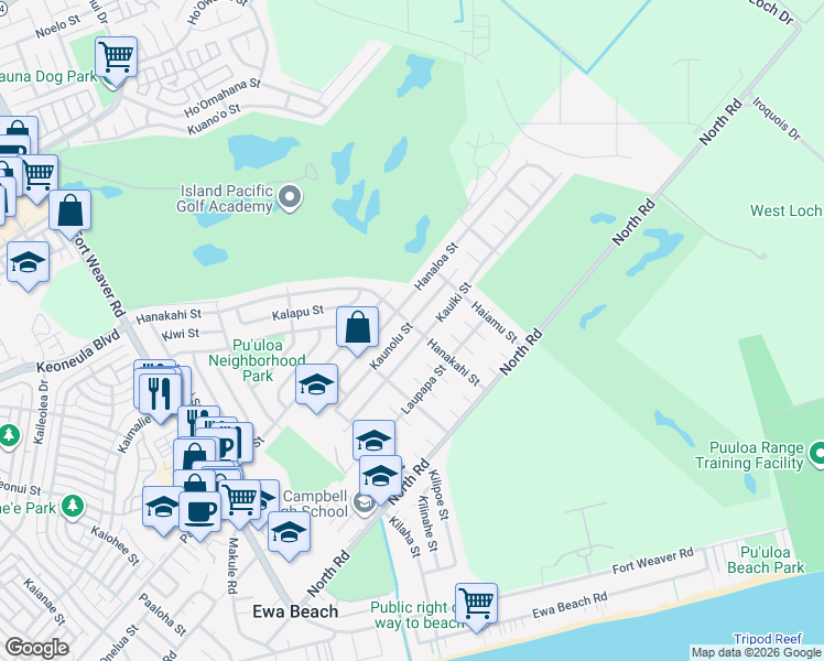 map of restaurants, bars, coffee shops, grocery stores, and more near 91-1099 Kaunolu Street in Ewa Beach