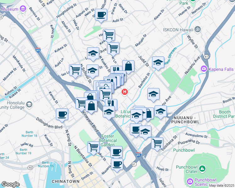 map of restaurants, bars, coffee shops, grocery stores, and more near 405 North Kuakini Street in Honolulu
