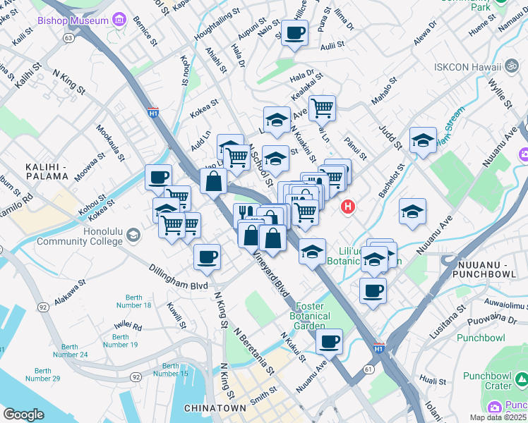 map of restaurants, bars, coffee shops, grocery stores, and more near 521 Kiapu Place in Honolulu