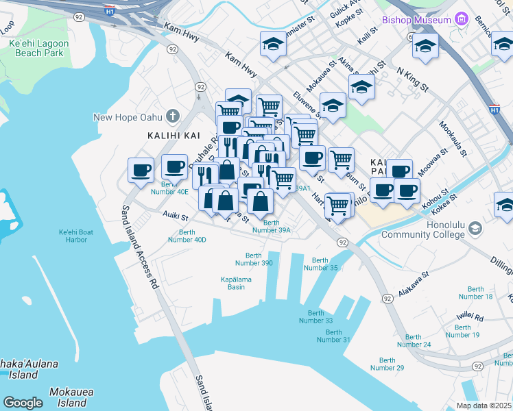 map of restaurants, bars, coffee shops, grocery stores, and more near 253 Kalihi Street in Honolulu
