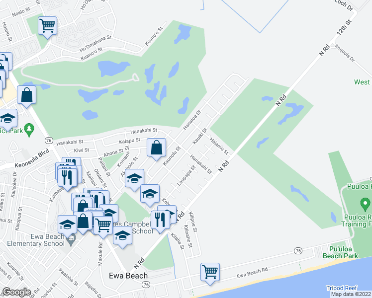 map of restaurants, bars, coffee shops, grocery stores, and more near 91-1099 Kaunolu Street in Ewa Beach