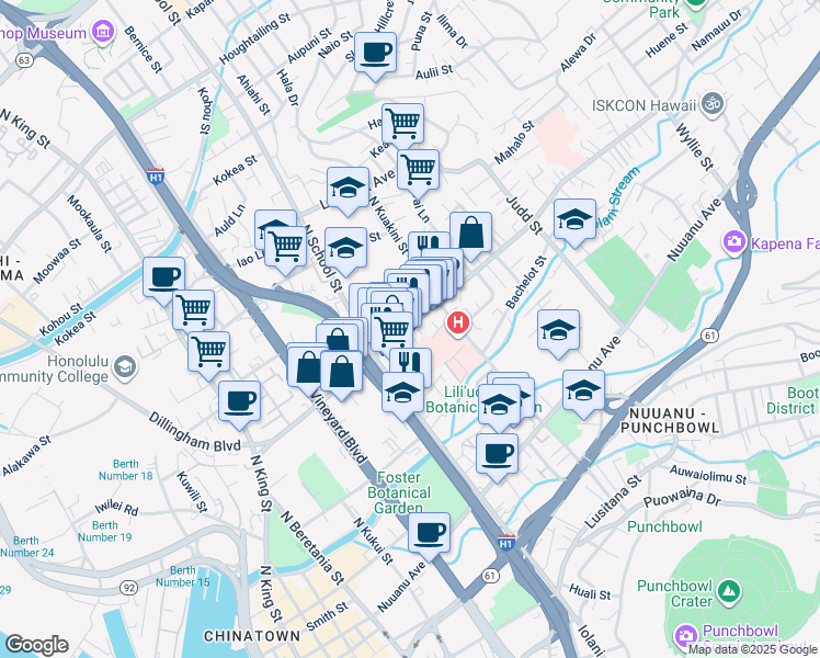 map of restaurants, bars, coffee shops, grocery stores, and more near 1655 Liliha St in Honolulu