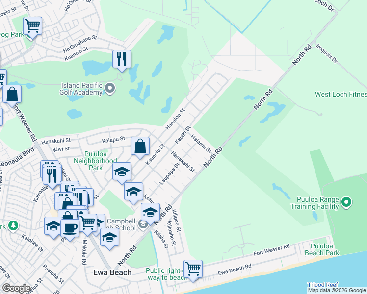 map of restaurants, bars, coffee shops, grocery stores, and more near 91-847 Keakaula Place in Ewa Beach