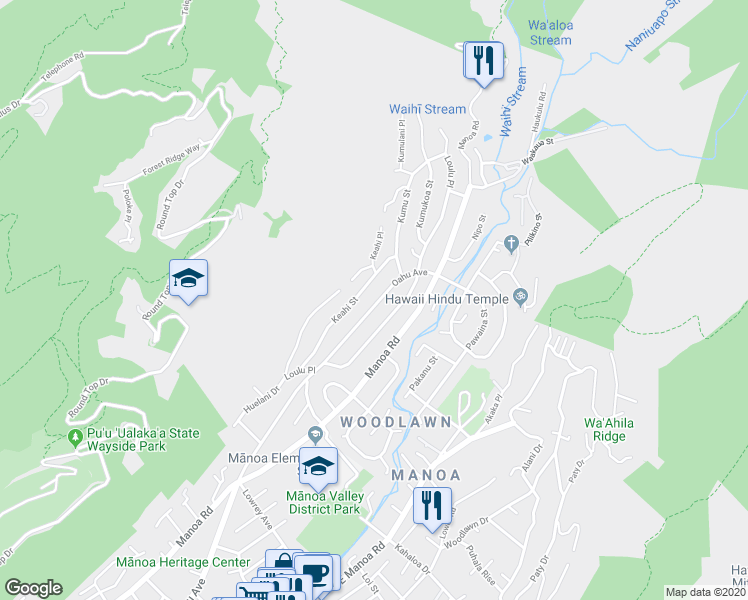 map of restaurants, bars, coffee shops, grocery stores, and more near 3370 Oahu Avenue in Honolulu