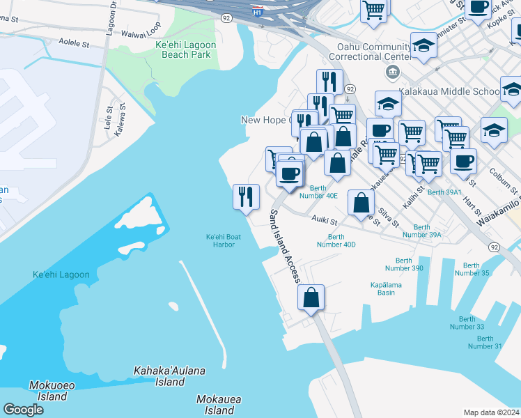 map of restaurants, bars, coffee shops, grocery stores, and more near 80 Sand Island Access Road in Honolulu