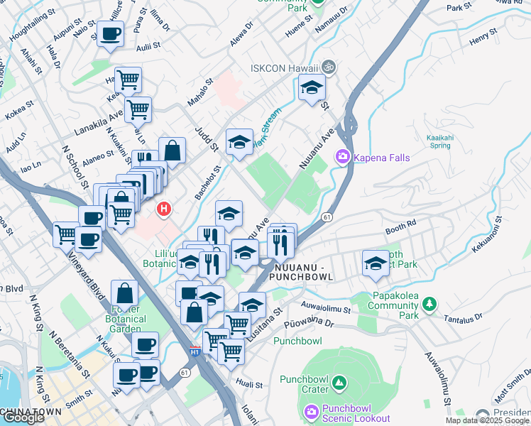 map of restaurants, bars, coffee shops, grocery stores, and more near 2050 Nuuanu Avenue in Honolulu