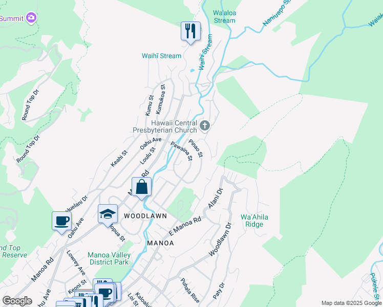 map of restaurants, bars, coffee shops, grocery stores, and more near 3419 Pawaina Street in Honolulu