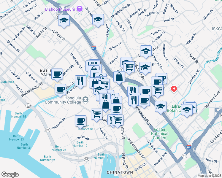 map of restaurants, bars, coffee shops, grocery stores, and more near 1120 Palama Street in Honolulu