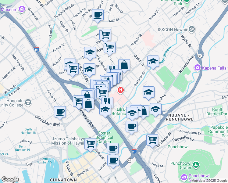 map of restaurants, bars, coffee shops, grocery stores, and more near 405 North Kuakini Street in Honolulu