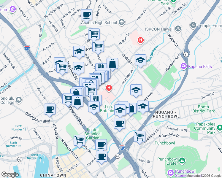 map of restaurants, bars, coffee shops, grocery stores, and more near 405 North Kuakini Street in Honolulu