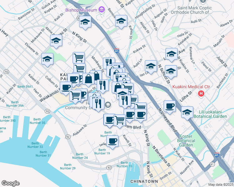 map of restaurants, bars, coffee shops, grocery stores, and more near 915 Hikina Lane in Honolulu