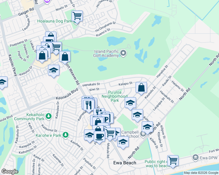 map of restaurants, bars, coffee shops, grocery stores, and more near 91-1008 Pailani Street in Ewa Beach