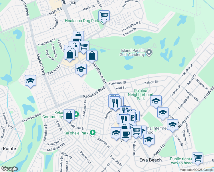 map of restaurants, bars, coffee shops, grocery stores, and more near Fort Weaver Rd & Keoneula Blvd in Ewa Beach