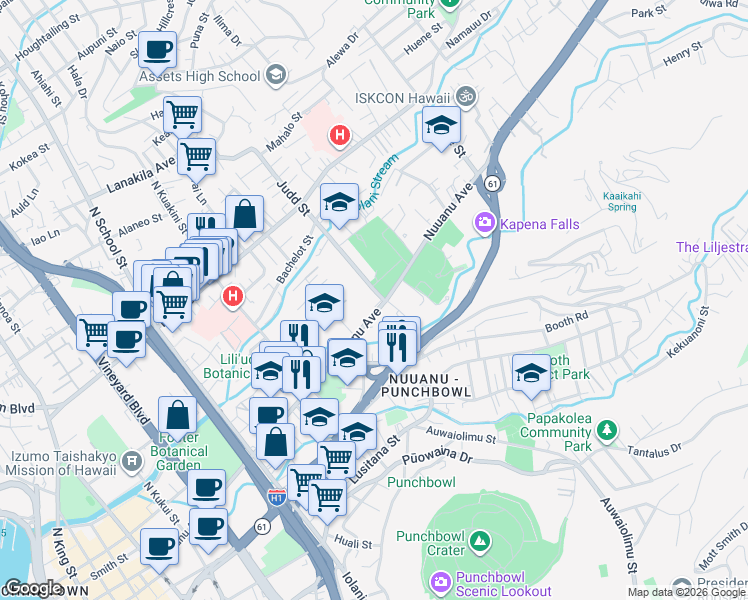 map of restaurants, bars, coffee shops, grocery stores, and more near 2050 Nuuanu Avenue in Honolulu