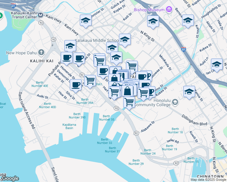 map of restaurants, bars, coffee shops, grocery stores, and more near 420 Waiakamilo Road in Honolulu