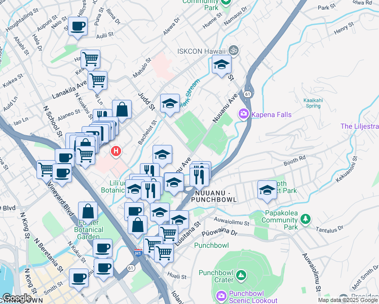 map of restaurants, bars, coffee shops, grocery stores, and more near 2040 Nuuanu Avenue in Honolulu