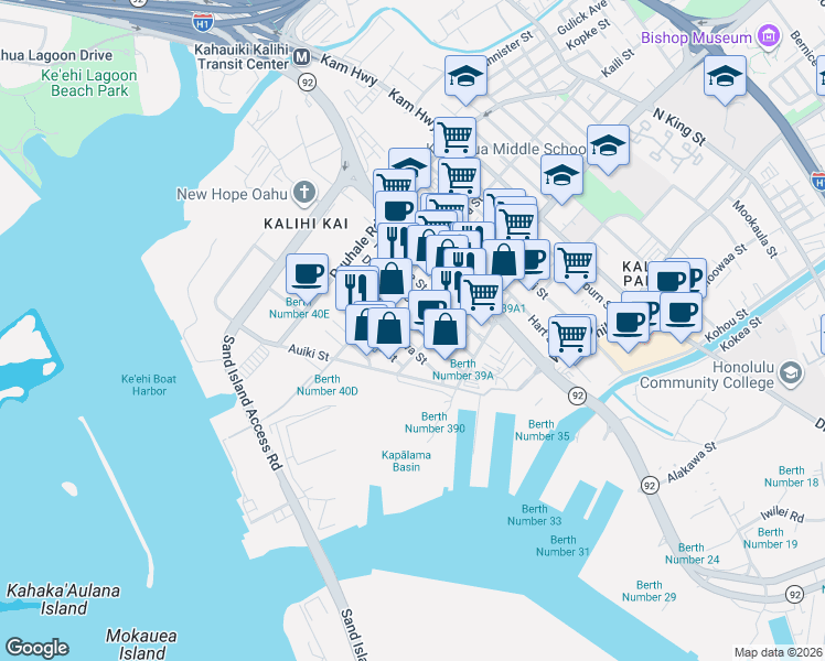 map of restaurants, bars, coffee shops, grocery stores, and more near 236 Kalihi Street in Honolulu
