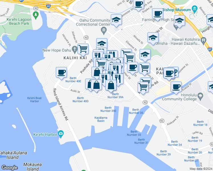 map of restaurants, bars, coffee shops, grocery stores, and more near 248 Kalihi Street in Honolulu