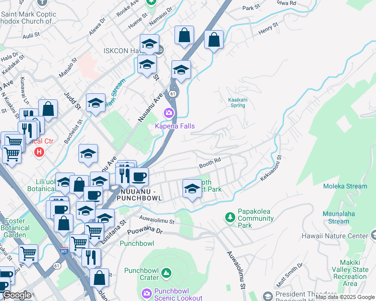 map of restaurants, bars, coffee shops, grocery stores, and more near 2302 Pacific Heights Road in Honolulu