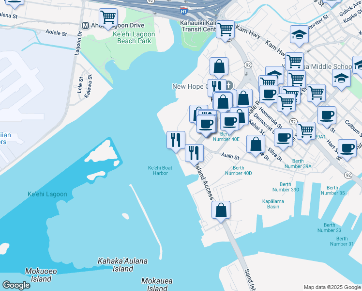 map of restaurants, bars, coffee shops, grocery stores, and more near 50 Sand Island Access Road in Honolulu
