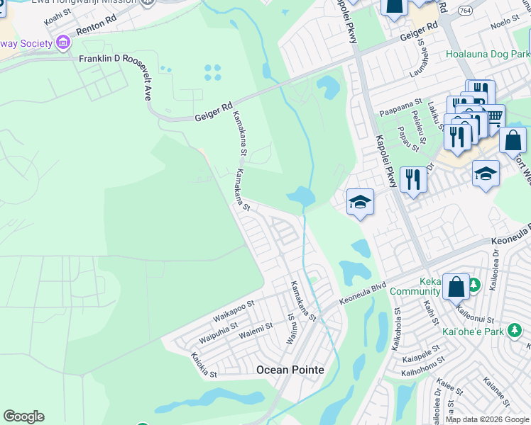 map of restaurants, bars, coffee shops, grocery stores, and more near 91-1098 Hokua Street in Ewa Beach