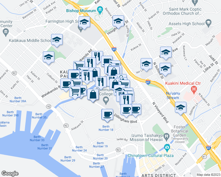 map of restaurants, bars, coffee shops, grocery stores, and more near 918 Hikina Lane in Honolulu