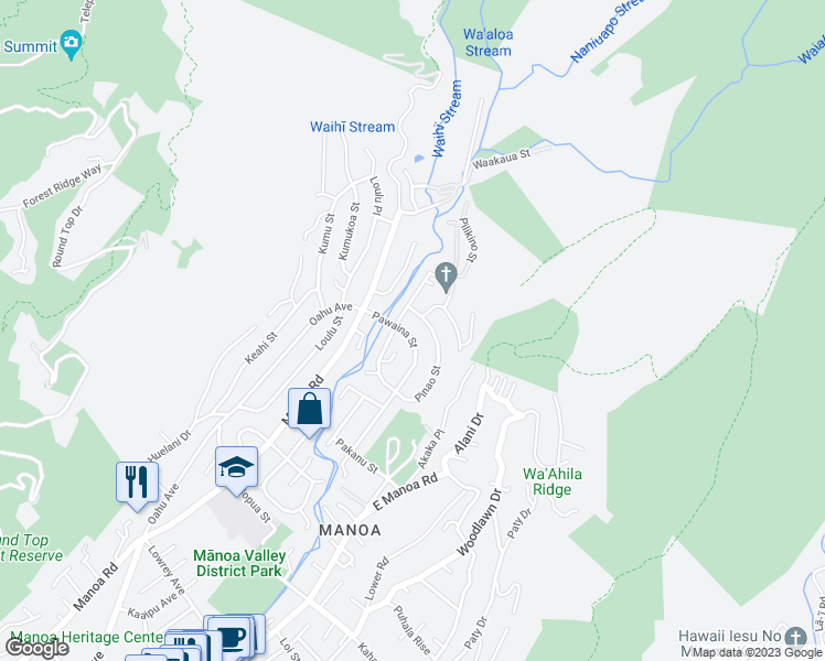 map of restaurants, bars, coffee shops, grocery stores, and more near 3425 Pawaina Street in Honolulu