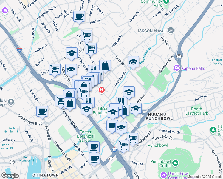 map of restaurants, bars, coffee shops, grocery stores, and more near 1900 Bachelot Street in Honolulu