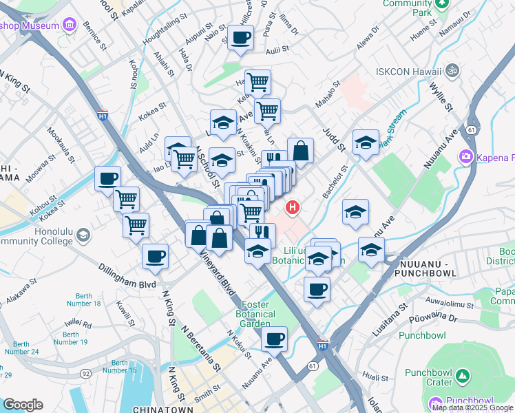 map of restaurants, bars, coffee shops, grocery stores, and more near 1655 Liliha Street in Honolulu