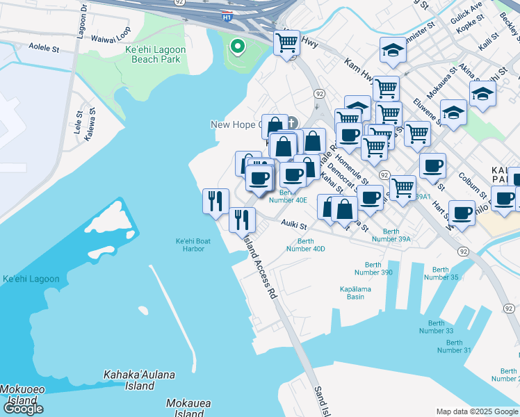 map of restaurants, bars, coffee shops, grocery stores, and more near 2110 Auiki Street in Honolulu