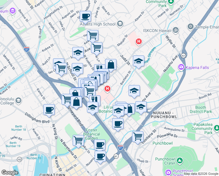 map of restaurants, bars, coffee shops, grocery stores, and more near 405 North Kuakini Street in Honolulu