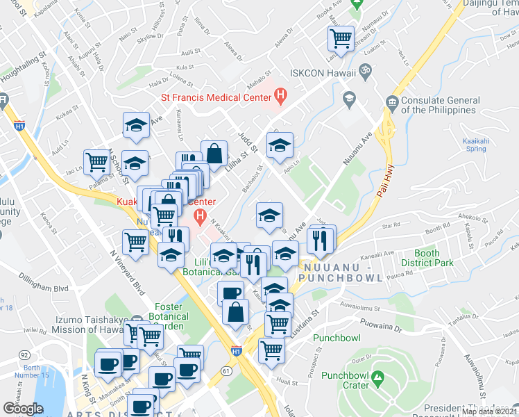 map of restaurants, bars, coffee shops, grocery stores, and more near 1906 Keonaona Street in Honolulu