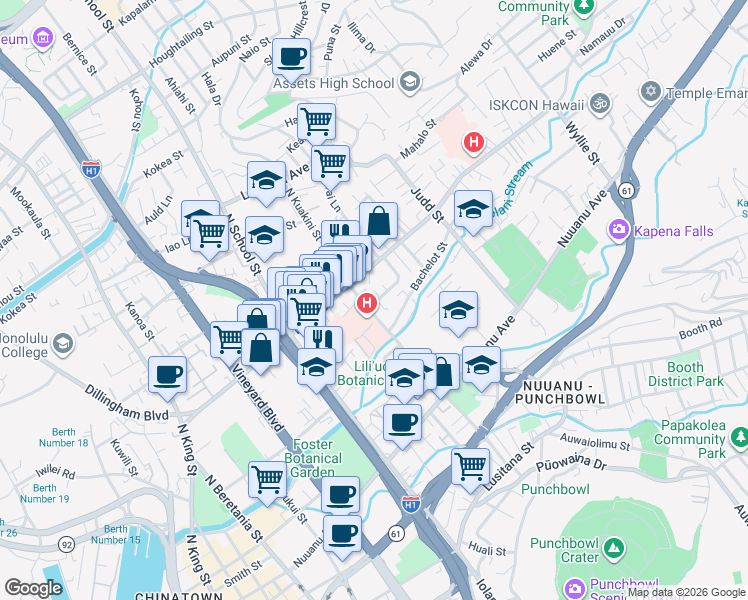 map of restaurants, bars, coffee shops, grocery stores, and more near 405 North Kuakini Street in Honolulu