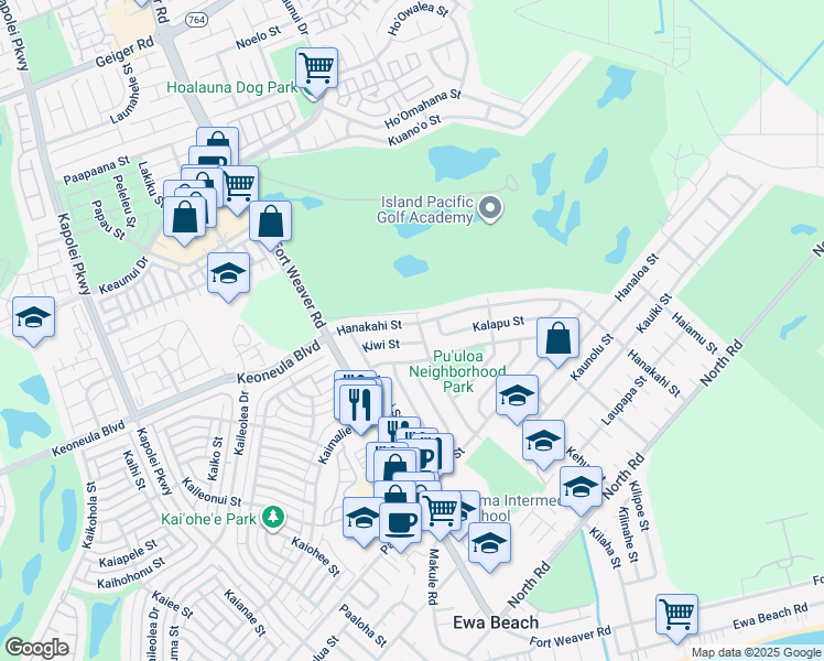 map of restaurants, bars, coffee shops, grocery stores, and more near 91-1008 Pailani Street in Ewa Beach