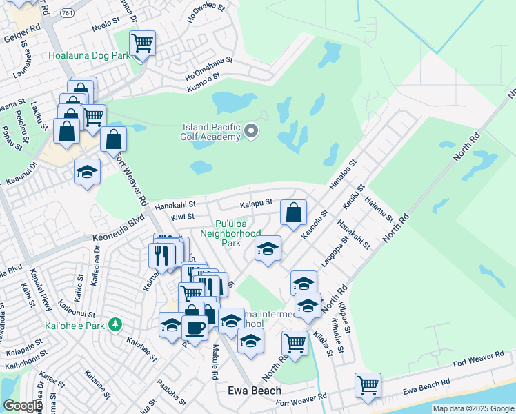 map of restaurants, bars, coffee shops, grocery stores, and more near 91-946 Ahona Street in Ewa Beach