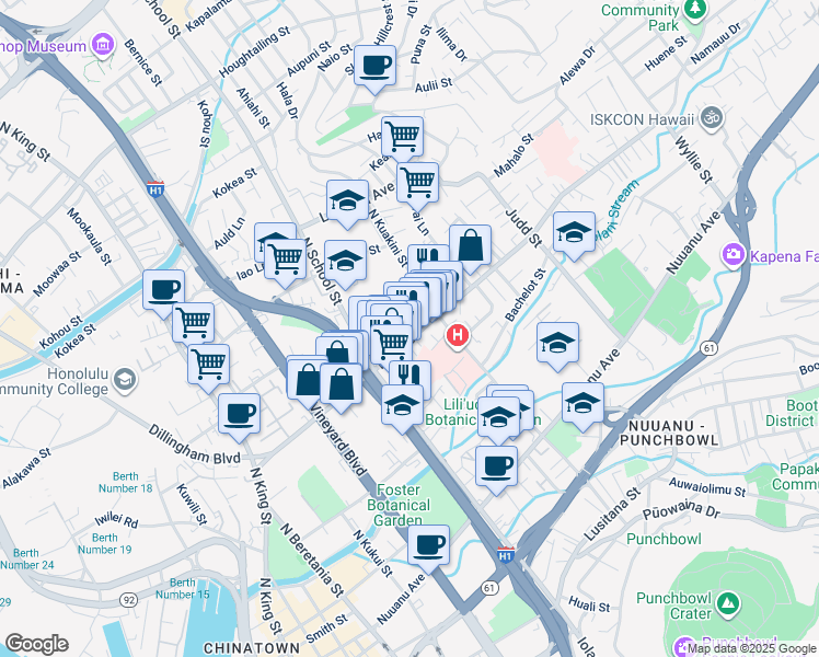 map of restaurants, bars, coffee shops, grocery stores, and more near 1655 Liliha Street in Honolulu