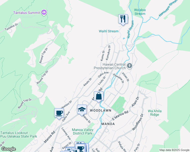 map of restaurants, bars, coffee shops, grocery stores, and more near 3370 Oahu Avenue in Honolulu