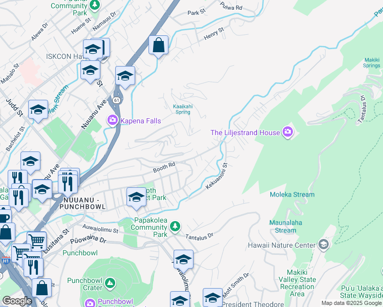 map of restaurants, bars, coffee shops, grocery stores, and more near 2551 Booth Road in Honolulu