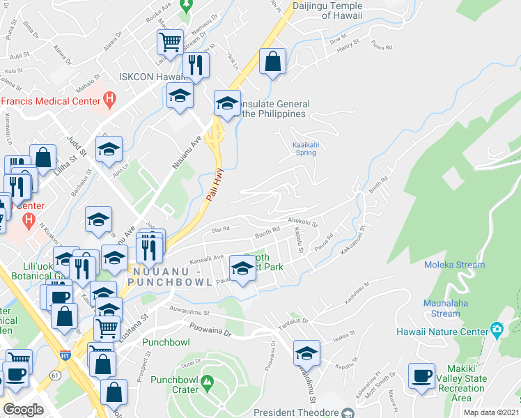 map of restaurants, bars, coffee shops, grocery stores, and more near 2329 Kaola Way in Honolulu