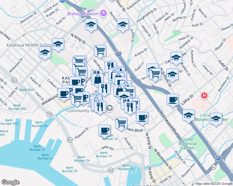 map of restaurants, bars, coffee shops, grocery stores, and more near 915 Hikina Lane in Honolulu
