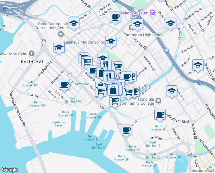 map of restaurants, bars, coffee shops, grocery stores, and more near 420 Waiakamilo Road in Honolulu