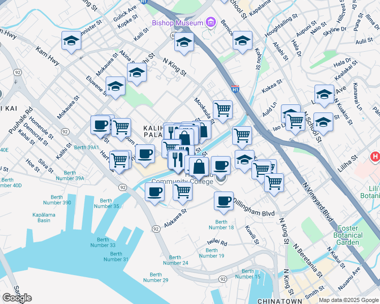 map of restaurants, bars, coffee shops, grocery stores, and more near 650 Kohou Street in Honolulu